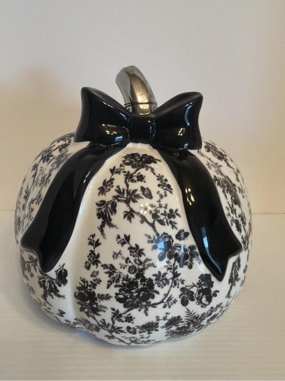 Laura Ashley Floral Black/White Pumpkin  With Black Bow & Silver Stem Decor New